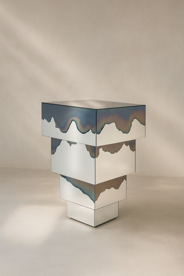 Ash Matryoshka Side Table Smoke and Silver Mirror. Clear Glass. by Homa