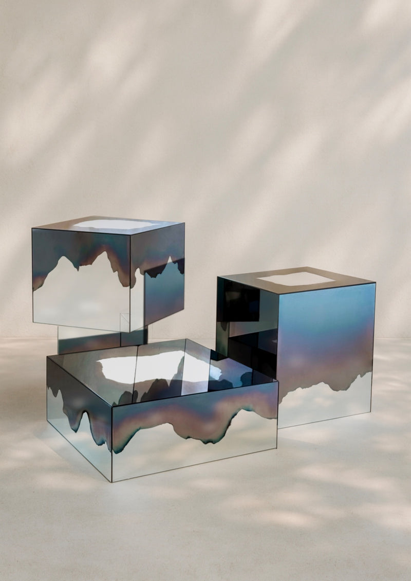 Ash Matryoshka Side Table Smoke and Silver Mirror. Clear Glass. by Homa