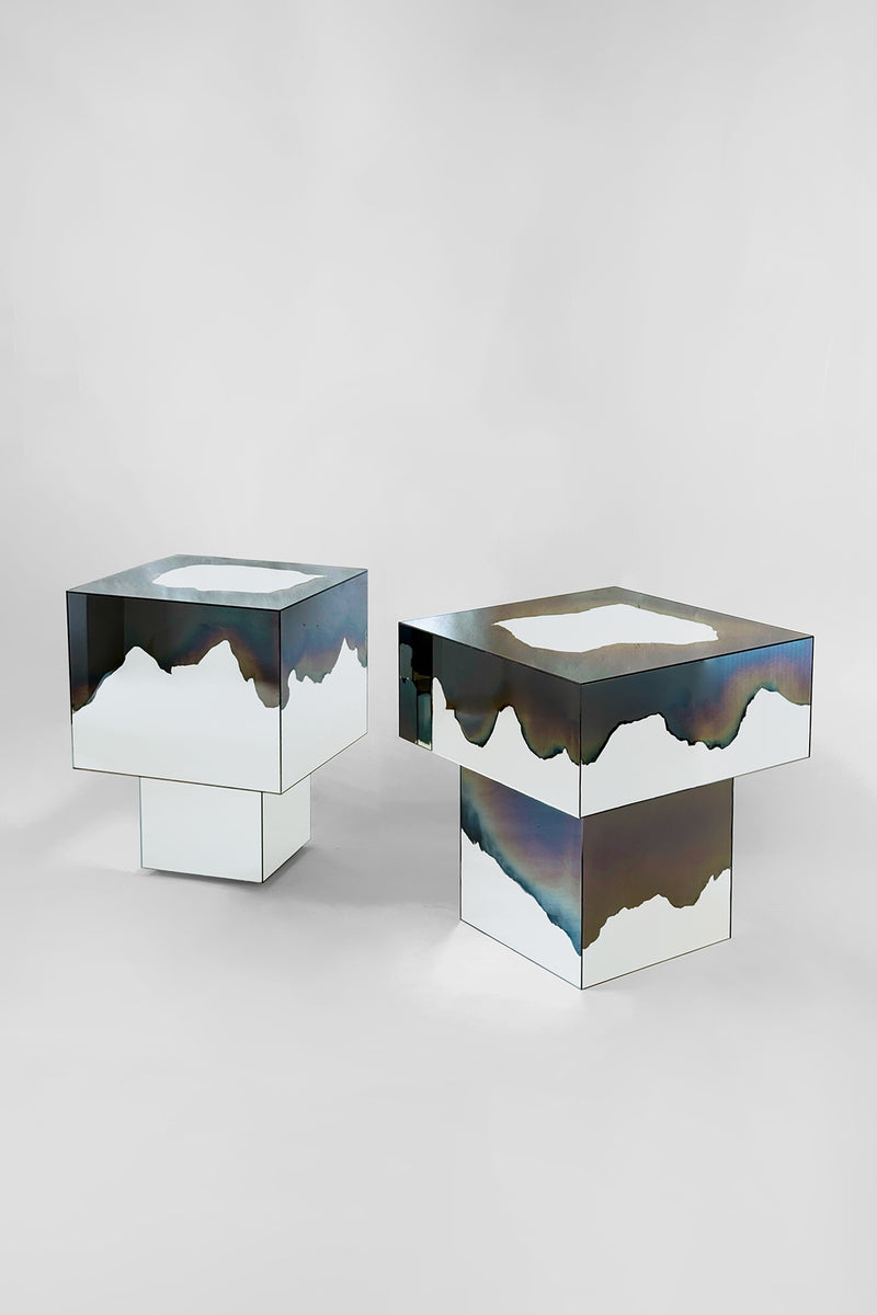 Ash Matryoshka Side Table Smoke and Silver Mirror. Clear Glass. by Homa