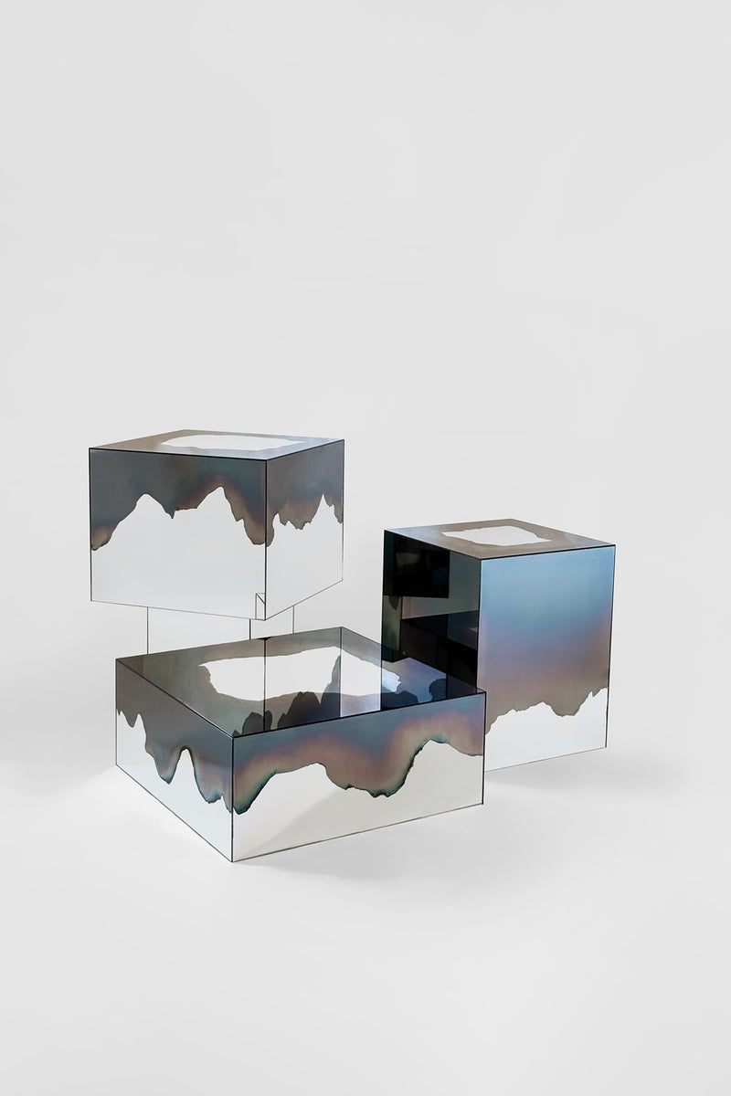 Ash Matryoshka Side Table Smoke and Silver Mirror. Clear Glass. by Homa