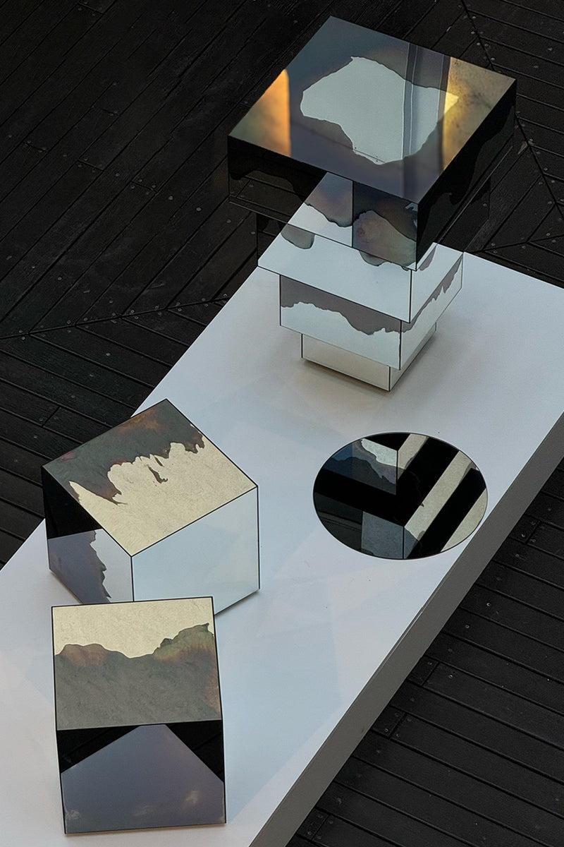 Ash Matryoshka Side Table Smoke and Silver Mirror. Clear Glass. by Homa