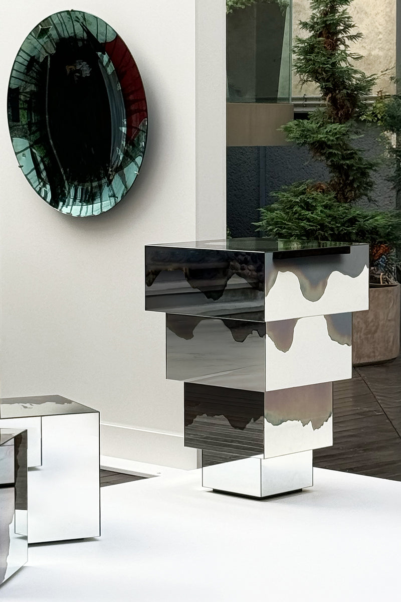 Ash Matryoshka Side Table Smoke and Silver Mirror. Clear Glass. by Homa