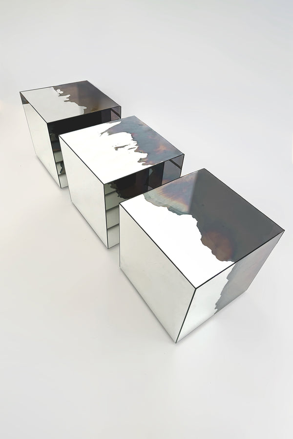 Ash Stool/Side Table Smoke and Silver Mirror. Clear Glass. Stool. by Homa
