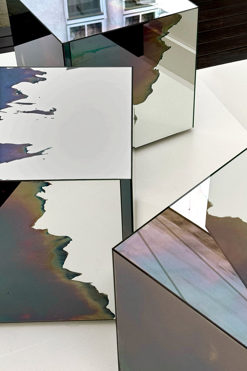 Ash Stool/Side Table Smoke and Silver Mirror. Clear Glass. Stool. by Homa