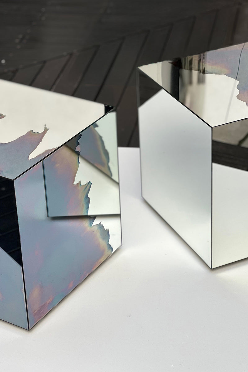 Ash Stool/Side Table Smoke and Silver Mirror. Clear Glass. Stool. by Homa