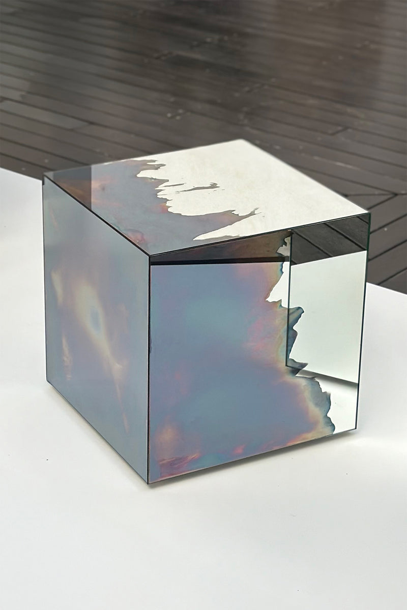 Ash Stool/Side Table Smoke and Silver Mirror. Clear Glass. Stool. by Homa