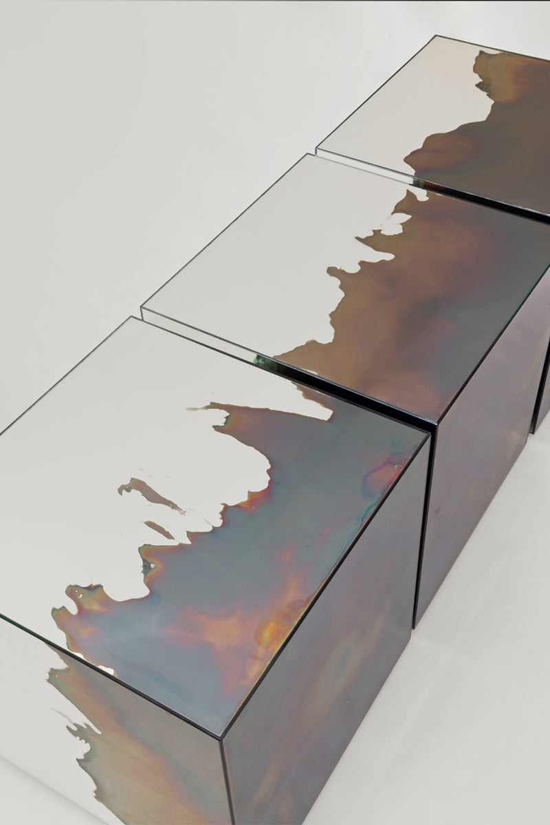 Ash Stool/Side Table Smoke and Silver Mirror. Clear Glass. Stool. by Homa