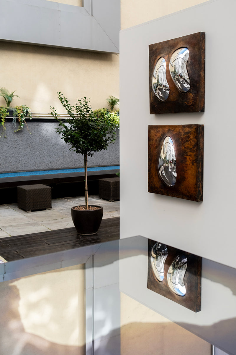 Drop of Silver on Copper VI Blown Glass. Silver Mirror. Copper Frame. by Homa