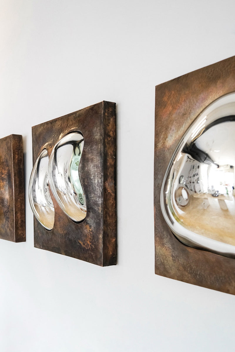 Drop of Silver on Copper II Blown Glass. Silver Mirror. Copper Frame. by Homa