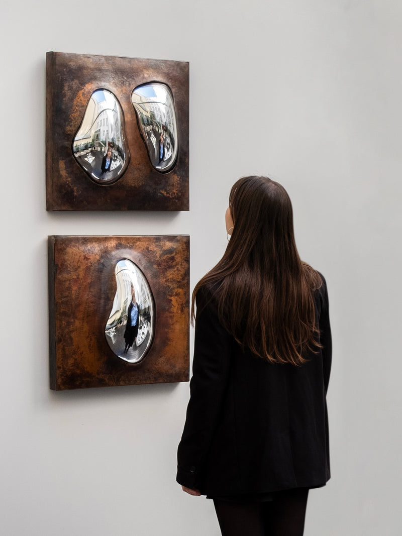 Drop of Silver on Copper II Blown Glass. Silver Mirror. Copper Frame. by Homa