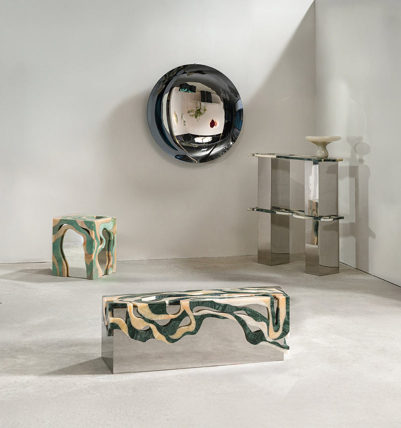 Orbis Stool-Side Table Marble Side Table with Mirror Core by Homa