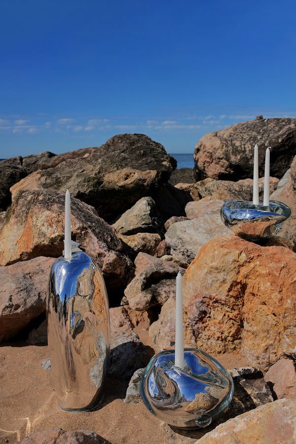 Lumi Candle Holder I Blown Glass Silver Mirror by Homa