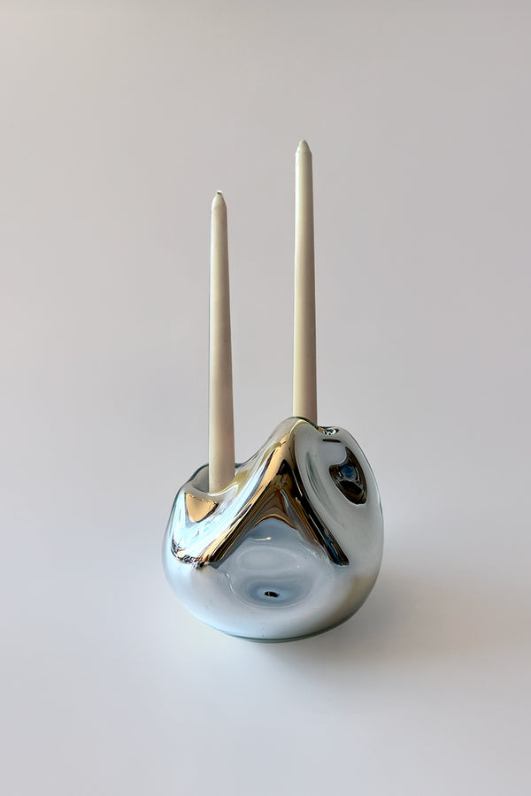 Lumi Candle Holder V Blown Glass Silver Mirror by Homa