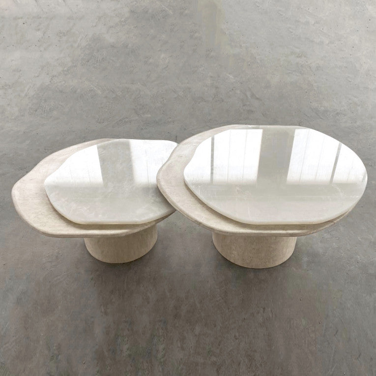 Nuga Duo Onyx and Travertine Tables by Marbera