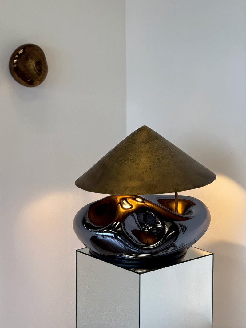 Obsidian Lamp Blown Glass Smoke Mirror Brass Lighting Fixture by Homa