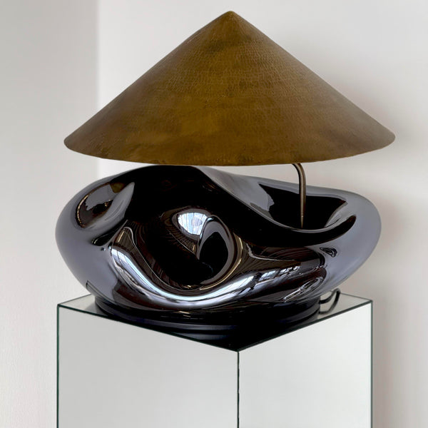 Obsidian Lamp Blown Glass Smoke Mirror Brass Lighting Fixture by Homa