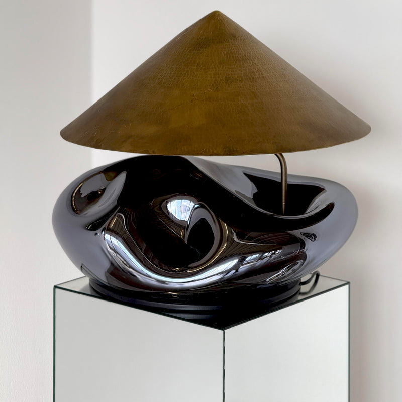 Obsidian Lamp Blown Glass Smoke Mirror Brass Lighting Fixture by Homa