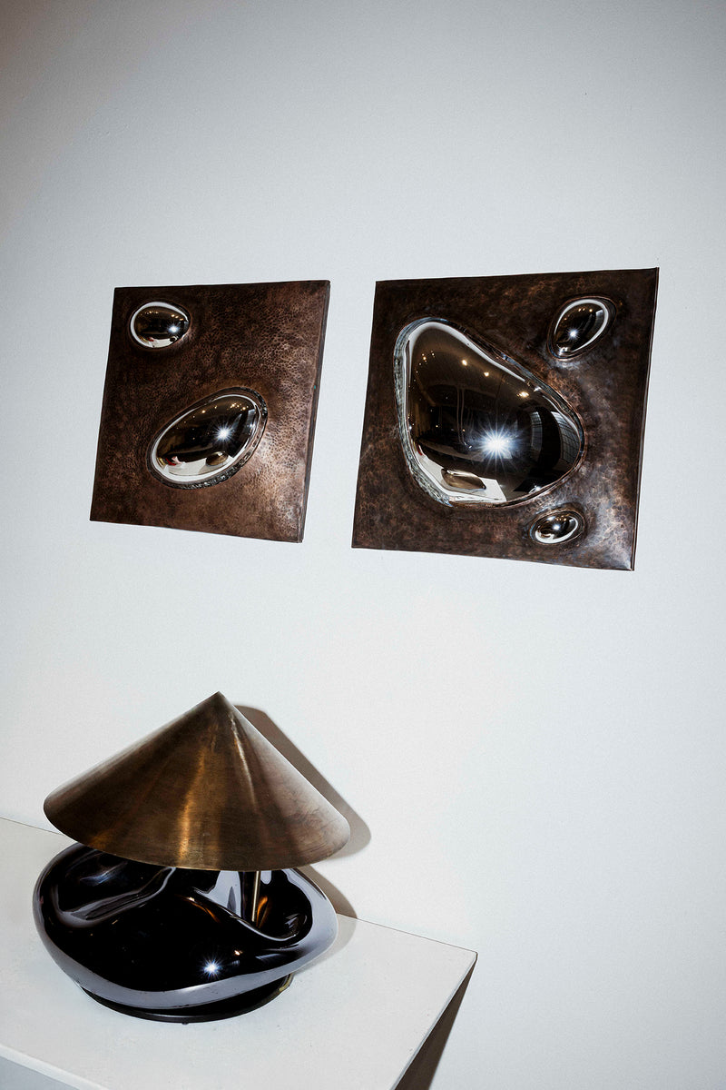 Obsidian Lamp Blown Glass Smoke Mirror Brass Lighting Fixture by Homa