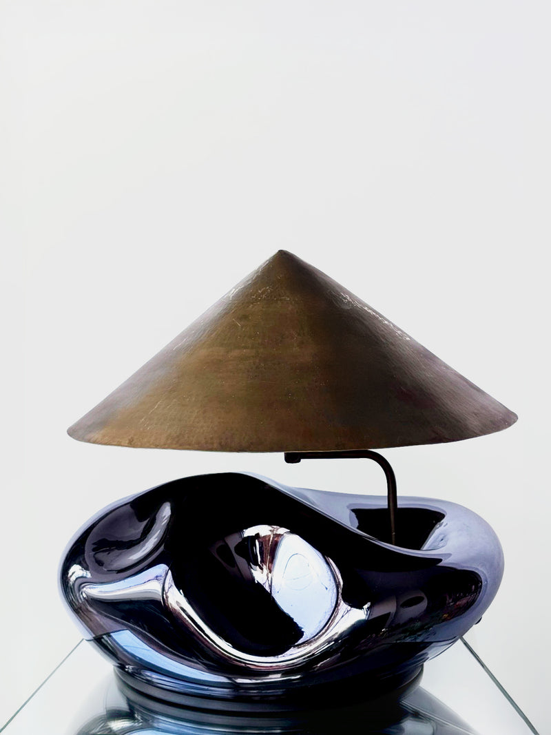 Obsidian Lamp Blown Glass Smoke Mirror Brass Lighting Fixture by Homa