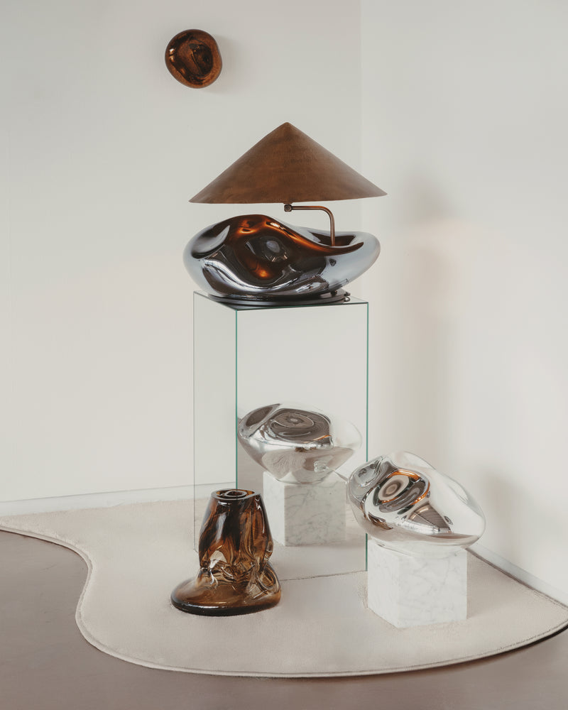 Obsidian Lamp Blown Glass Smoke Mirror Brass Lighting Fixture by Homa