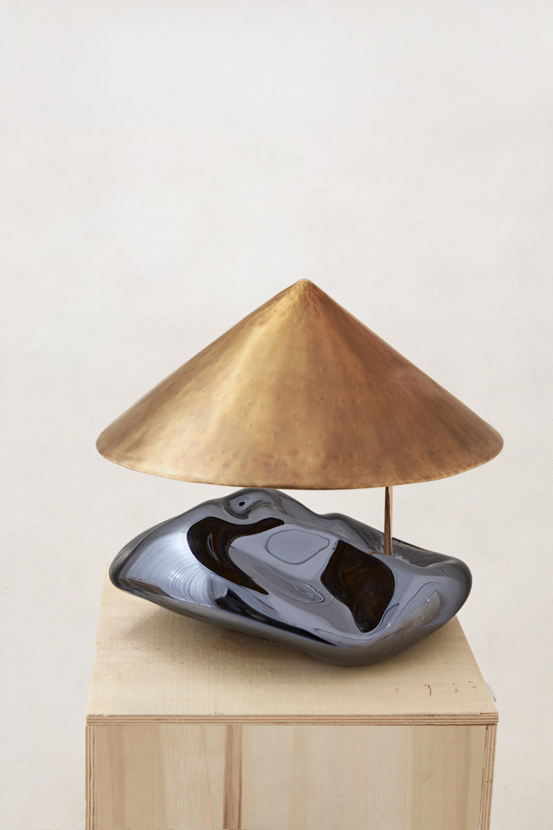 Obsidian Lamp Blown Glass Smoke Mirror Brass Lighting Fixture by Homa