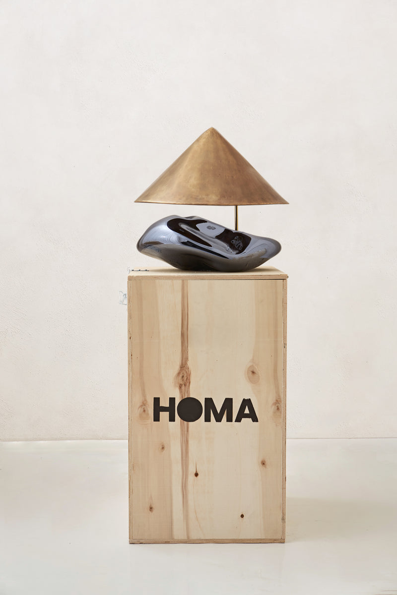 Obsidian Lamp Blown Glass Smoke Mirror Brass Lighting Fixture by Homa