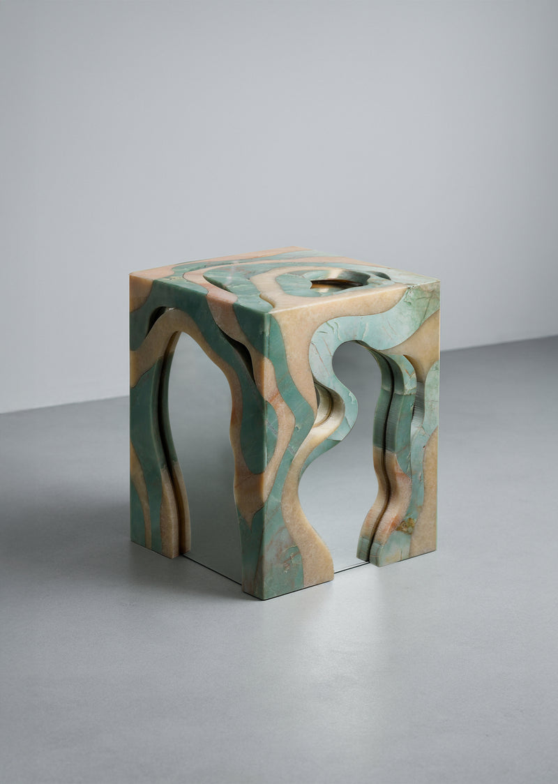 Orbis Stool-Side Table Marble Side Table with Mirror Core by Homa