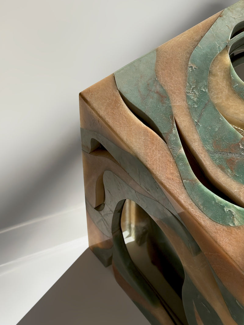 Orbis Stool-Side Table Marble Side Table with Mirror Core by Homa