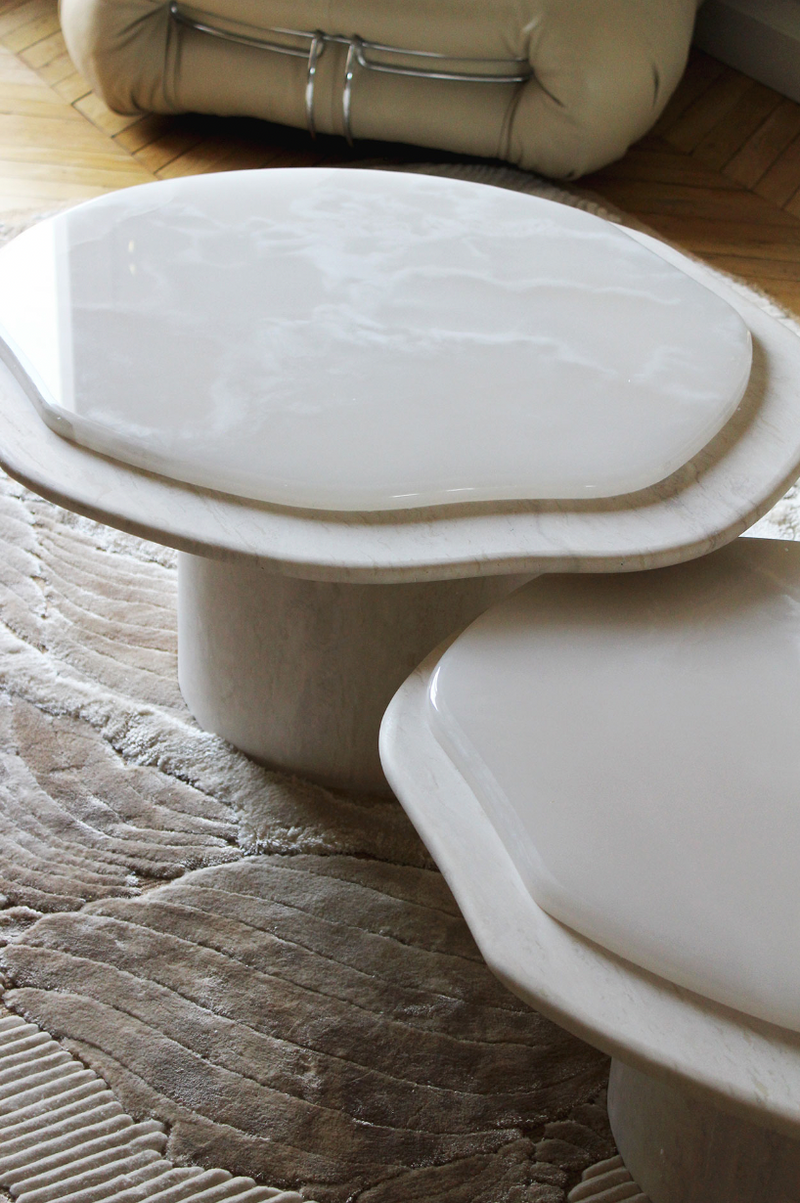 Nuga Duo Onyx and Travertine Tables by Marbera