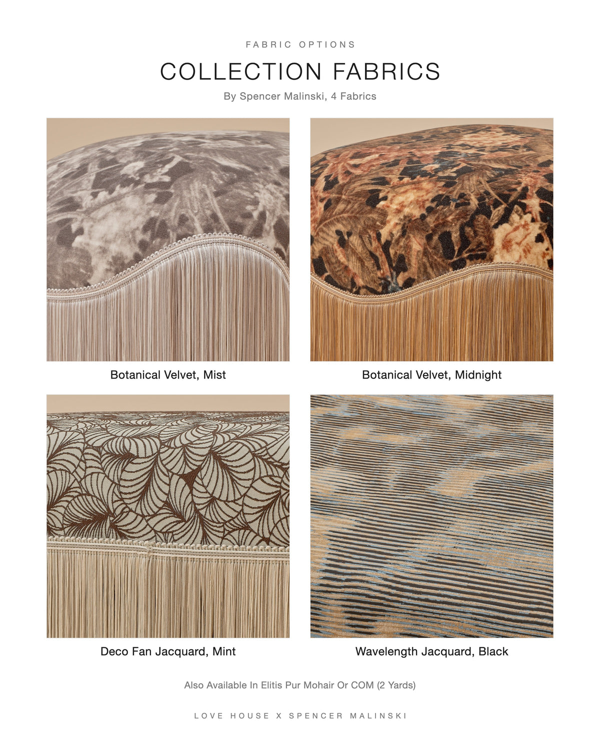 Fabric options chart for the Love House x Spencer Malinski ottomans: collection fabrics Botanical Velvet in Mist and Midnight, Deco Fan Jacquard in Mint and Wavelength Jacquard in Black, available at Love House New York