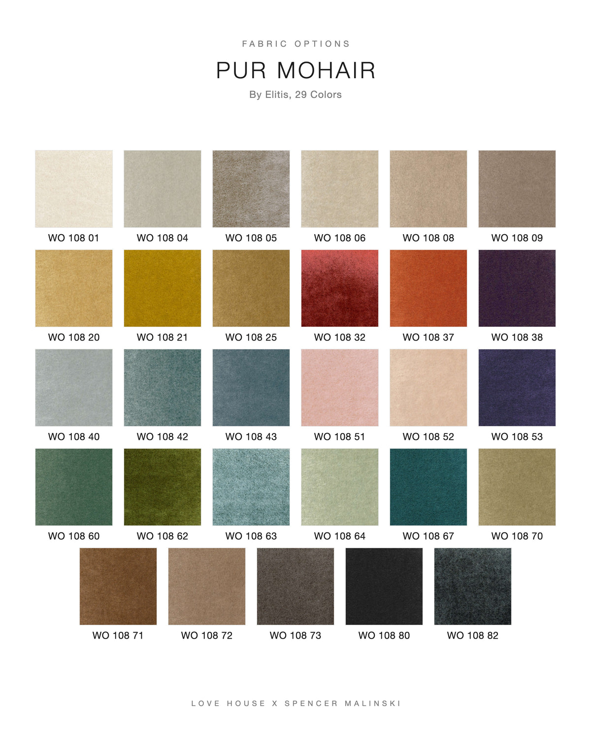 Fabric options chart for the Love House x Spencer Malinski ottomans: Elitis Pur Mohair in 29 colors with color codes, available at Love House New York