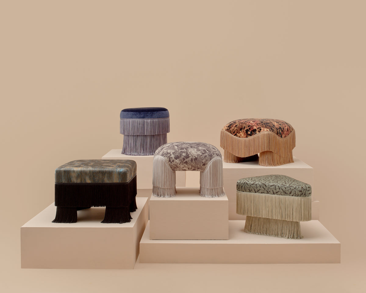 Love House x Spencer Malinski ottoman collection, the Siro, Nerova, Lune, Mira and Eden ottomans arranged on plinths, available at Love House New York