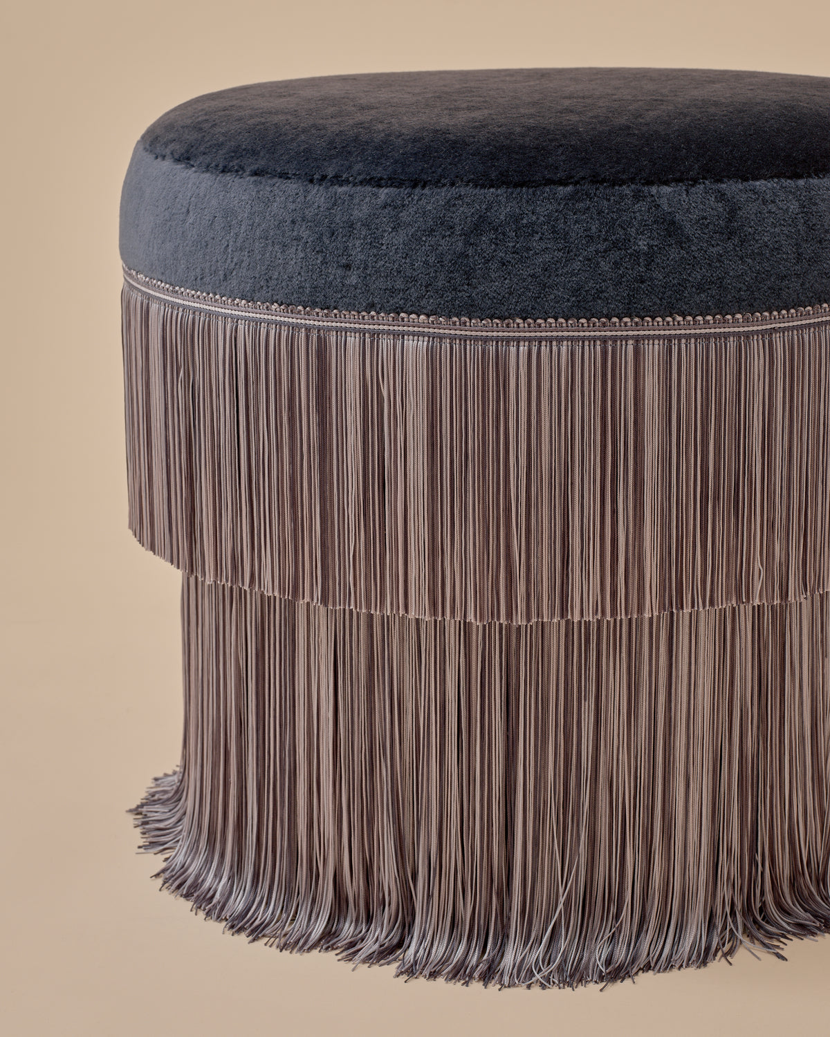 Siro Ottoman by Love House x Spencer Malinski, detail of Elitis Pur Mohair and Samuel & Sons Barcelona Ombre Fringe in Porcelain Blue, available at Love House New York
